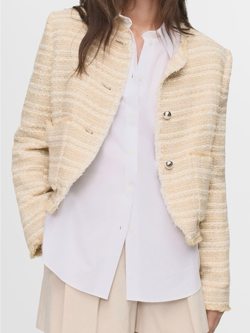 Mango Cream Textured Bouclé Cropped Blazer